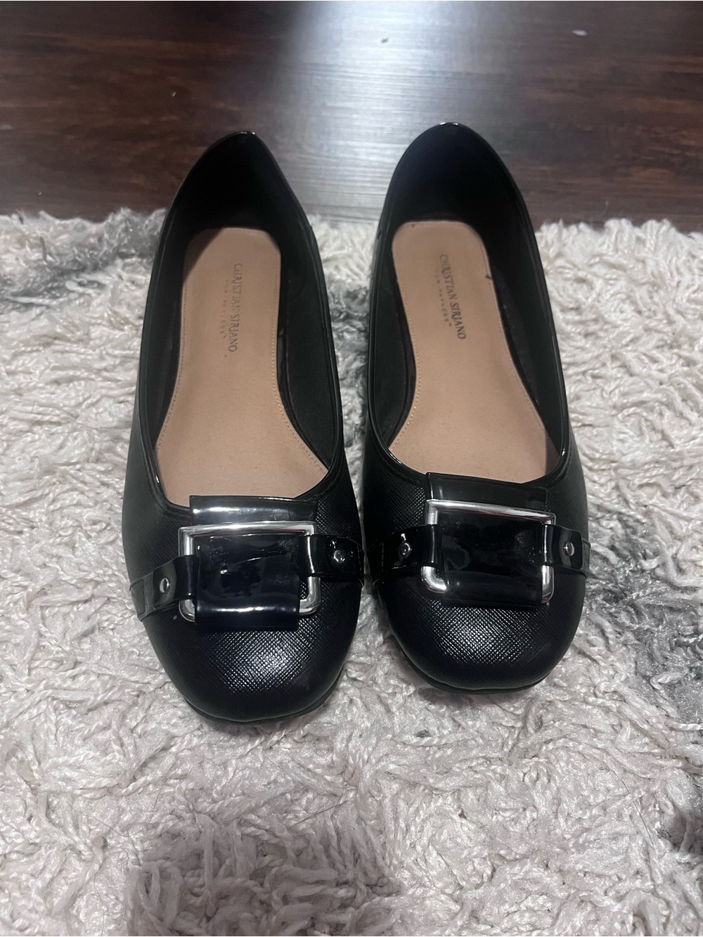 Christian Siriano Black Textured Leather Ballet Flats with Silver Buckles